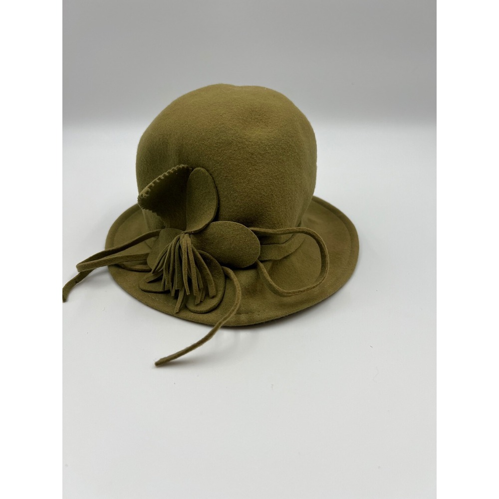 Vintage Olive Green 100% Wool Cloche Hat with Floral Accent One Size